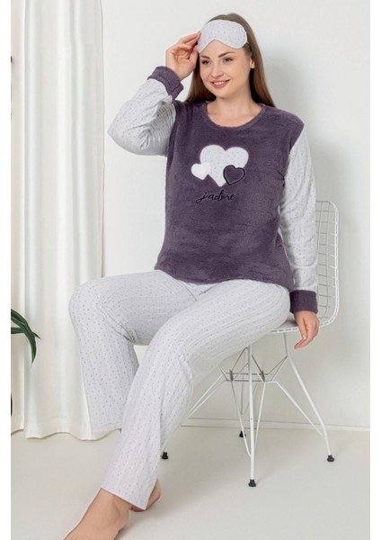 Fawn 5102 Peluş Welsoft Polar Kışlık Kalp Nakışlı Büyük Beden Kadın Pijama Takımı