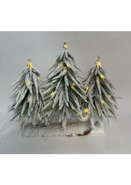 3'lü Karlı Çam Ağacı Stantlı 35+45+35 cm (Kendinden Led'li)