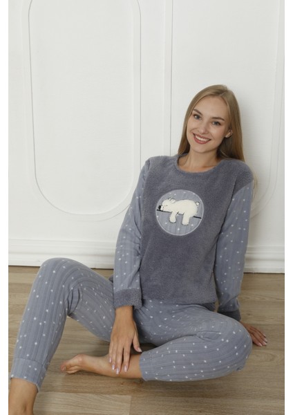Fawn 3312 Peluş Welsoft Polar Kışlık Yumoş Uyuyan Ayılı Kadın Pijama Takımı