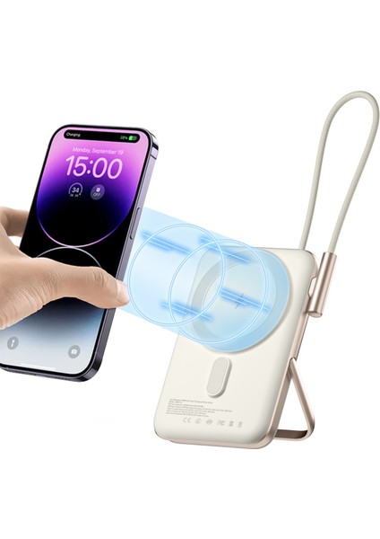 Magsafe Powerbank 10000MAH Standlı 20W Dahili Type-C Kablolu Taşınabilir Hızlı Şarj Cihazı Beyaz