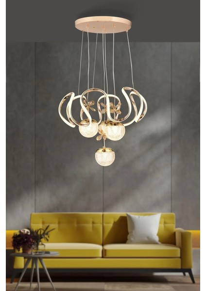 Maxı Toplu Taşlı Modern Sarkıt LED Avize Gold Kaplamalı