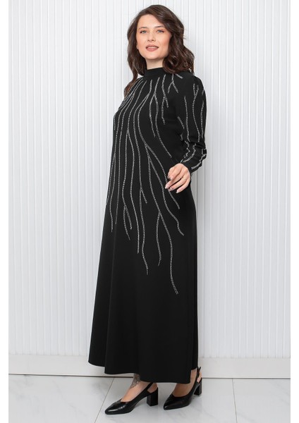 Taş Baskı Detaylı Abiye Elbise Siyah FHM946 modelleri