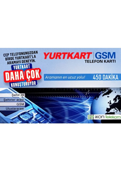 YurtKart 450 Dakika - Ankesörlü Telefon Arama Kartı Pini
