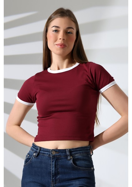 Penye Likralı Ribana Yakası ve Kol Ağzı Beyaz Biyeli Pamuklu T-Shirt 21832 Bordo