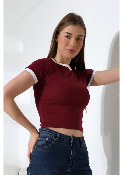 Penye Likralı Ribana Yakası ve Kol Ağzı Beyaz Biyeli Pamuklu T-Shirt 21832 Bordo fiyatları