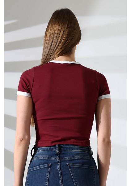 Penye Likralı Ribana Yakası ve Kol Ağzı Beyaz Biyeli Pamuklu T-Shirt 21832 Bordo fırsatları