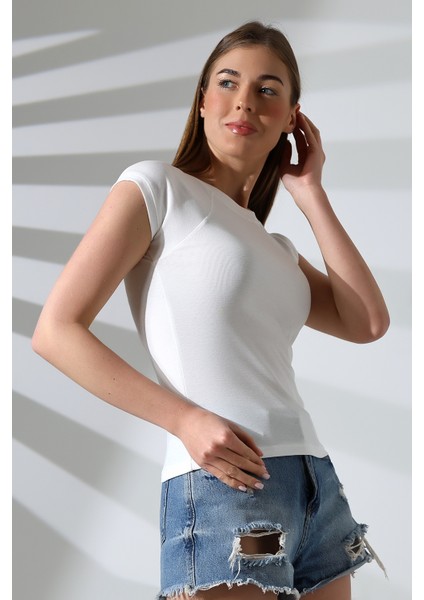 Penye Likralı Ribana Dikiş Detaylı Reglan Kol Pamuklu T-Shirt 21890 Ekru