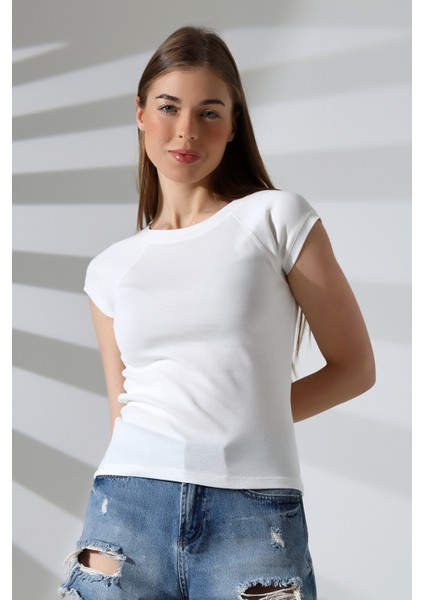 Penye Likralı Ribana Dikiş Detaylı Reglan Kol Pamuklu T-Shirt 21890 Ekru fiyatları