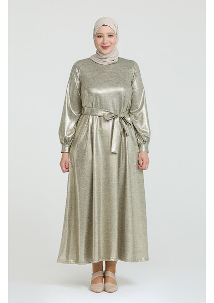 Büyük Beden Varak Baskılı Kuşaklı Elbise 80137-01 Gold