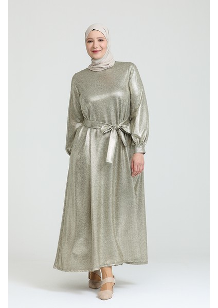 Büyük Beden Varak Baskılı Kuşaklı Elbise 80137-01 Gold fiyatları