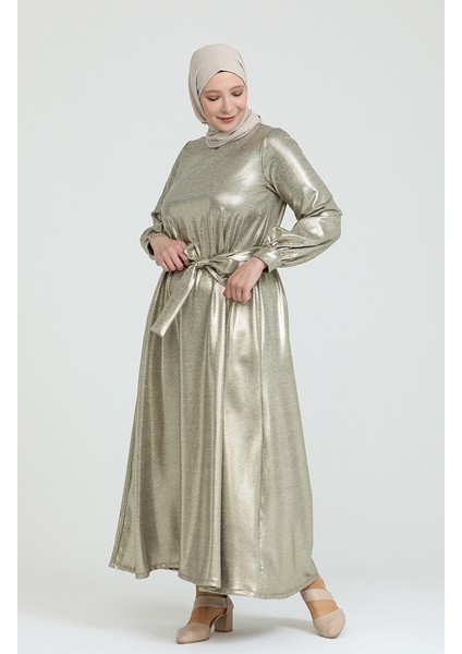 Büyük Beden Varak Baskılı Kuşaklı Elbise 80137-01 Gold modelleri