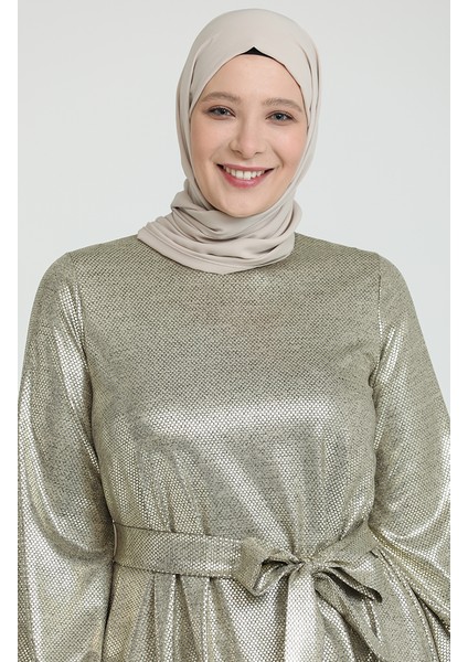 Büyük Beden Varak Baskılı Kuşaklı Elbise 80137-01 Gold fırsatları