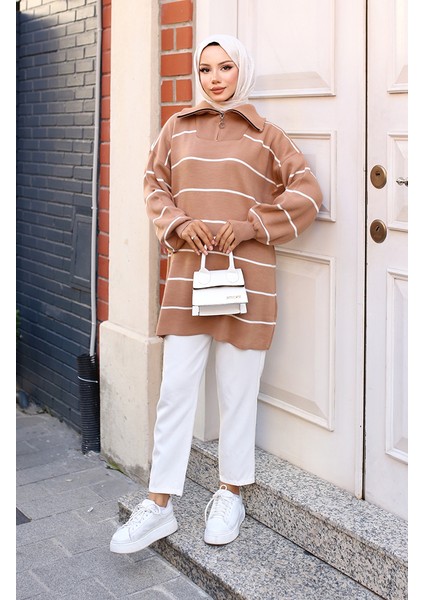 Yakası Fermuarlı Çizgili Triko Tunik 11037-02 Vizon