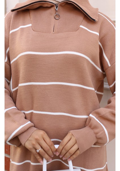 Yakası Fermuarlı Çizgili Triko Tunik 11037-02 Vizon fırsatları