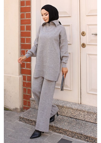 Yakası Fermuarlı Fitilli Triko Takım 11036-06 Gri fiyatları
