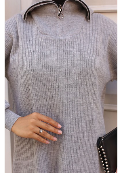 Yakası Fermuarlı Fitilli Triko Takım 11036-06 Gri fırsatları