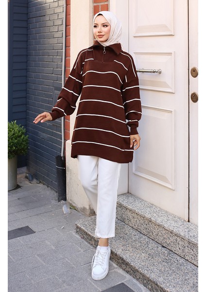Yakası Fermuarlı Çizgili Triko Tunik 11037-07 Kahverengi