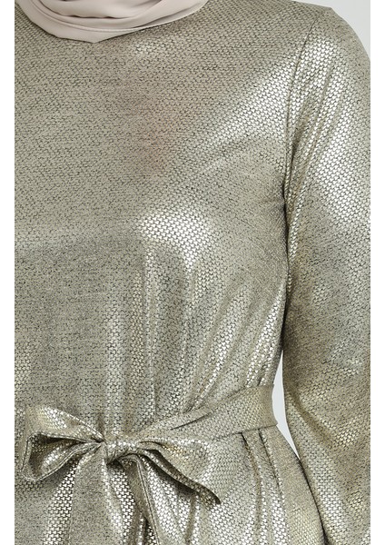 Büyük Beden Varak Baskılı Kuşaklı Elbise 80137-01 Gold indirimleri