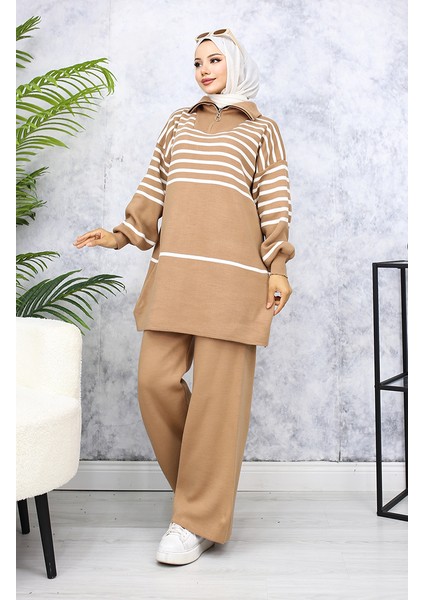 Çizgili Triko Takım 11049-02 Vizon fiyatları