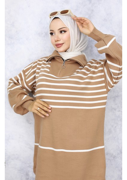 Çizgili Triko Takım 11049-02 Vizon modelleri