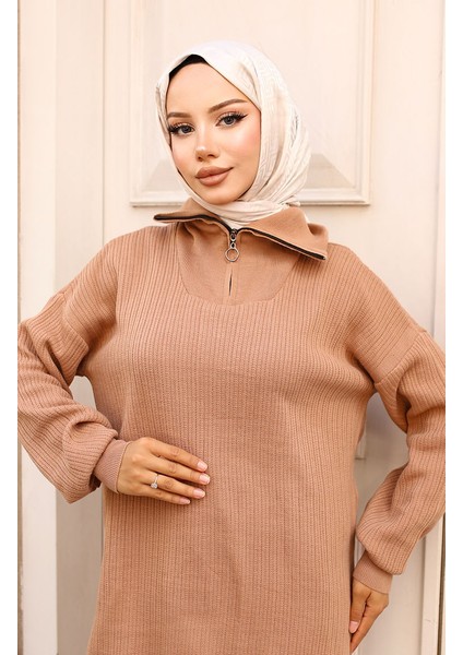 Yakası Fermuarlı Fitilli Triko Takım 11036-02 Vizon fiyatları