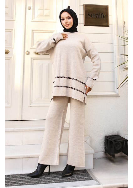 Dikiş Detaylı Triko Takım 24029-01 Taş