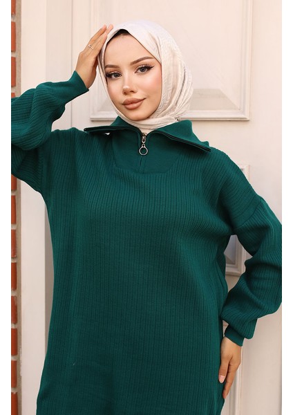 Yakası Fermuarlı Fitilli Triko Takım 11036-01 Zümrüt Yeşili modelleri