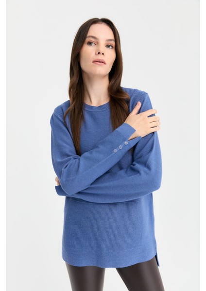 Kadın Sıfır Yaka Yırtmaçlı Kazak 24357 Indigo