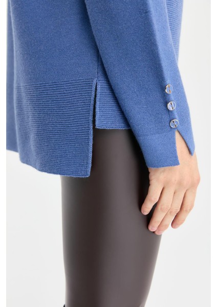 Kadın Sıfır Yaka Yırtmaçlı Kazak 24357 Indigo modelleri