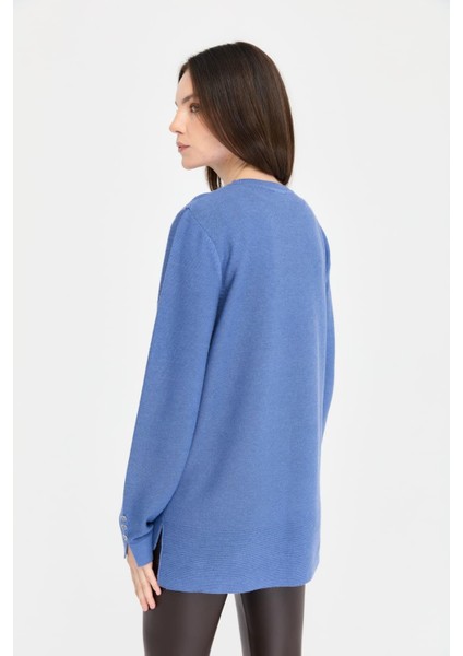 Kadın Sıfır Yaka Yırtmaçlı Kazak 24357 Indigo fırsatları