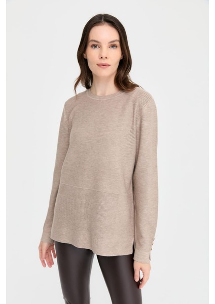 Kadın Sıfır Yaka Yırtmaçlı Kazak 24357 Vizon