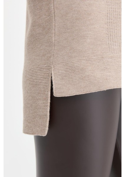 Kadın Sıfır Yaka Yırtmaçlı Kazak 24357 Vizon fırsatları