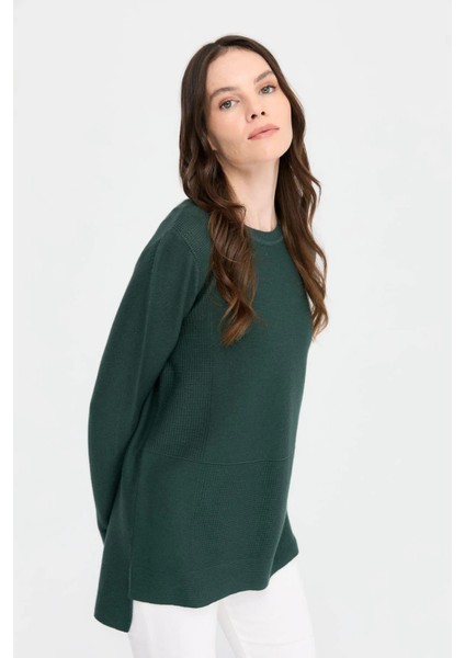 Kadın Sıfır Yaka Yırtmaçlı Kazak 24357 Yeşil