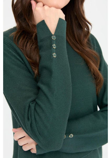 Kadın Sıfır Yaka Yırtmaçlı Kazak 24357 Yeşil modelleri