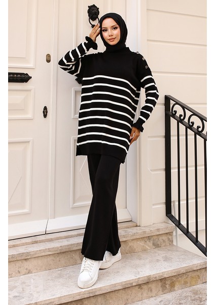 Omuzu Düğmeli Çizgili Triko Takım 24019-03 Siyah