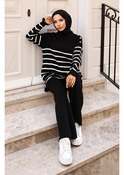 Omuzu Düğmeli Çizgili Triko Takım 24019-03 Siyah fiyatları