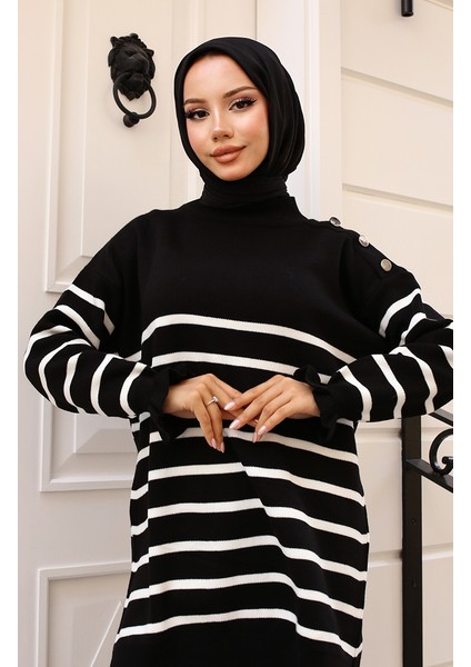 Omuzu Düğmeli Çizgili Triko Takım 24019-03 Siyah modelleri