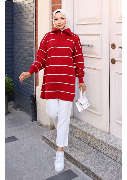 Yakası Fermuarlı Çizgili Triko Tunik 11037-06 Kırmızı