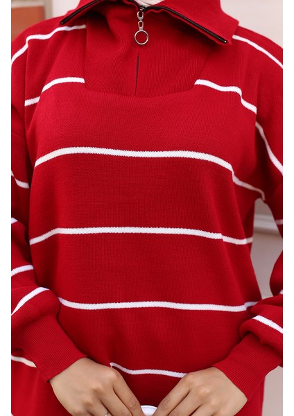 Yakası Fermuarlı Çizgili Triko Tunik 11037-06 Kırmızı modelleri