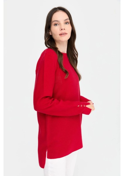 Kadın Sıfır Yaka Yırtmaçlı Kazak 24357 Kırmızı fiyatları