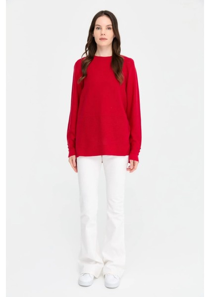 Kadın Sıfır Yaka Yırtmaçlı Kazak 24357 Kırmızı modelleri