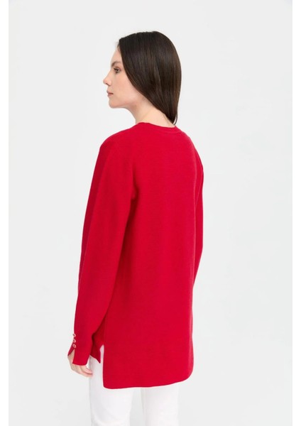 Kadın Sıfır Yaka Yırtmaçlı Kazak 24357 Kırmızı fırsatları