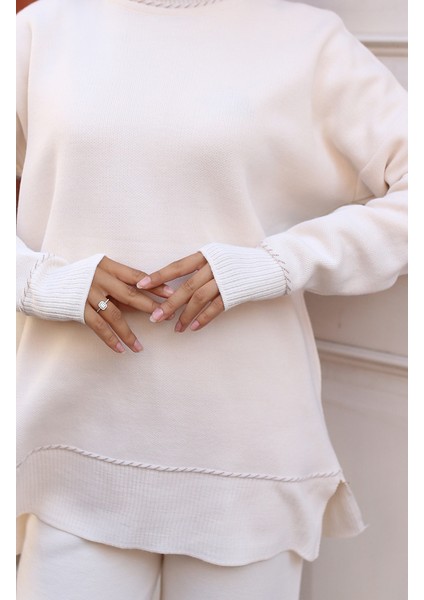 Çizgili Şeritli Triko Takım 3085-04 Ekru fırsatları