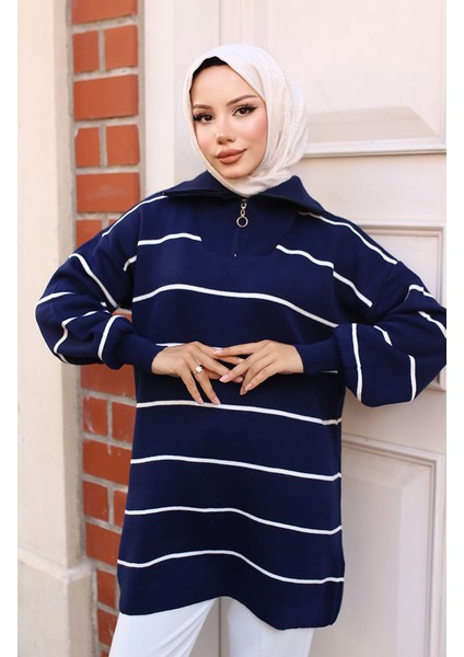 Yakası Fermuarlı Çizgili Triko Tunik 11037-05 Lacivert fiyatları
