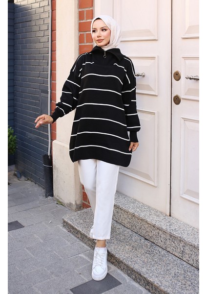 Yakası Fermuarlı Çizgili Triko Tunik 11037-04 Siyah