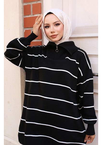 Yakası Fermuarlı Çizgili Triko Tunik 11037-04 Siyah modelleri
