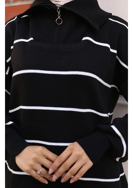 Yakası Fermuarlı Çizgili Triko Tunik 11037-04 Siyah fırsatları