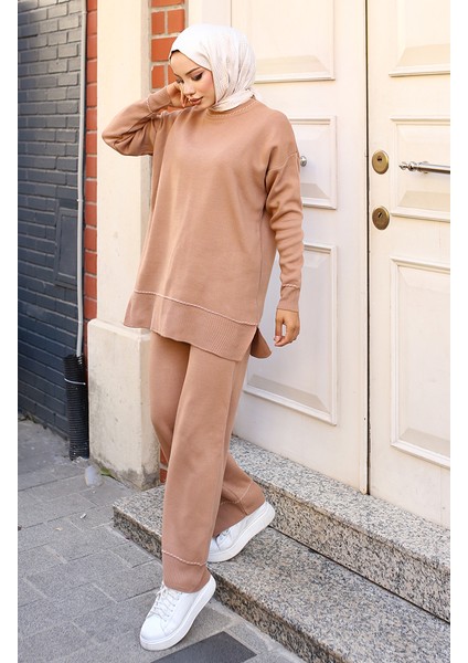 Çizgili Şeritli Triko Takım 3085-02 Vizon modelleri