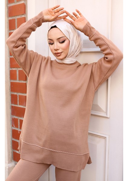 Çizgili Şeritli Triko Takım 3085-02 Vizon fırsatları