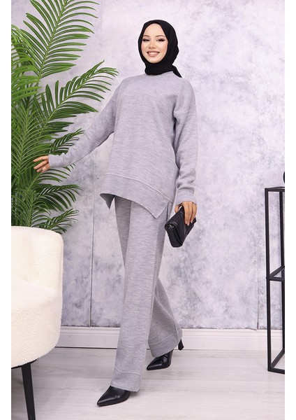 Çizgili Şeritli Triko Takım 3085-01 Gri